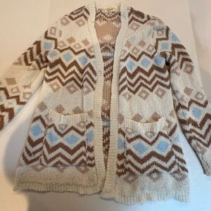 Chic Geometric Patterned Cardigan in Cream and Brown Medium